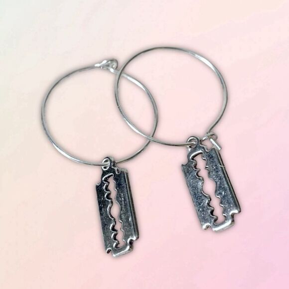 Dainty, Faux Razor Blade, Nickel Free, Small Hoop Earrings - Picture 7 of 7